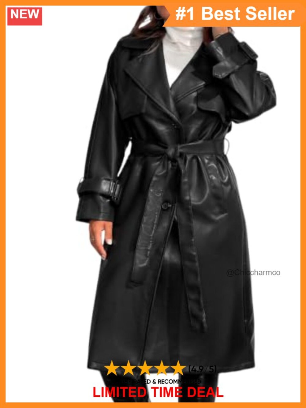 Plus Size Faux Leather Moto Trench Coat Long Belted Jacket